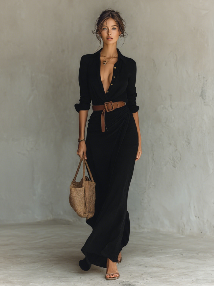 AURÉLIE™ - Long Sleeve Belted Maxi Dress