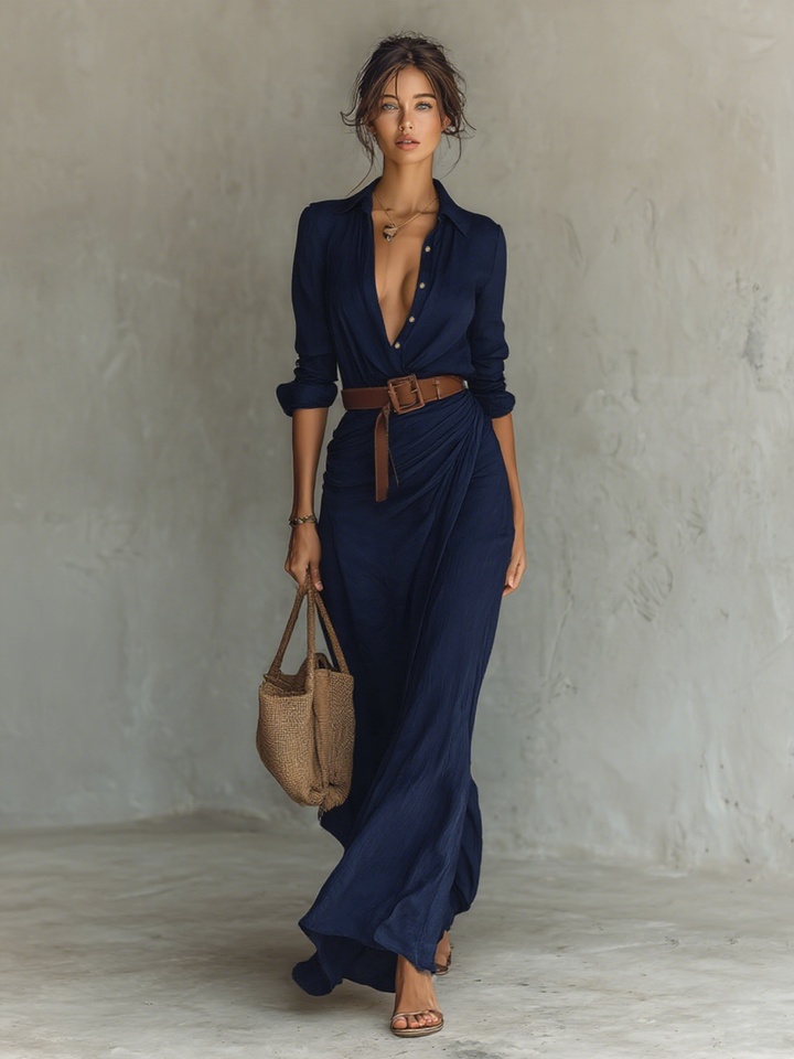 AURÉLIE™ - Long Sleeve Belted Maxi Dress