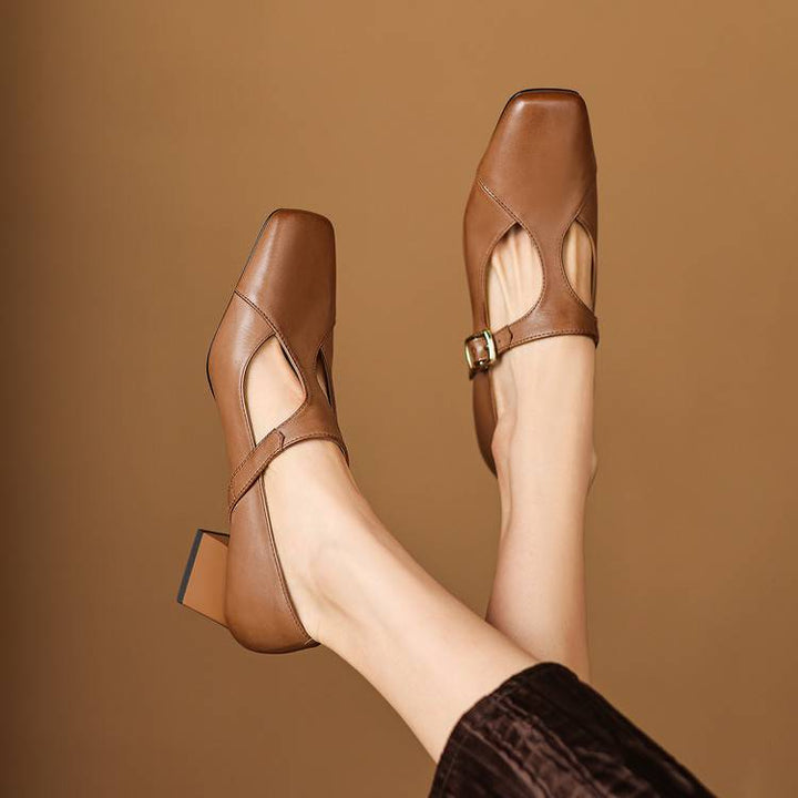 ÉLARA™ – Square-Toe Leather Heels